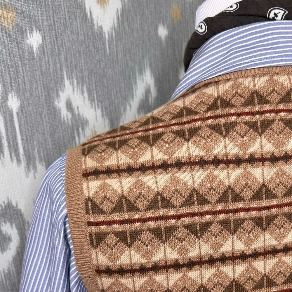 Ralph Lauren Purple Label Tan Multi Fair isle  Geometric V-Neck Sweater Vest
